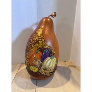 Hand Painted Natural Gourd Fall Harvest Cornucopia Folk Art Decor 18 Inch Tall